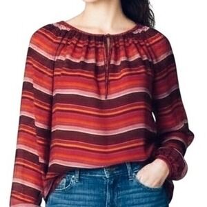 Tory Burch Striped Boho Keyhole Neck Blouse Womens Size 0 Red Pink Orange Yellow